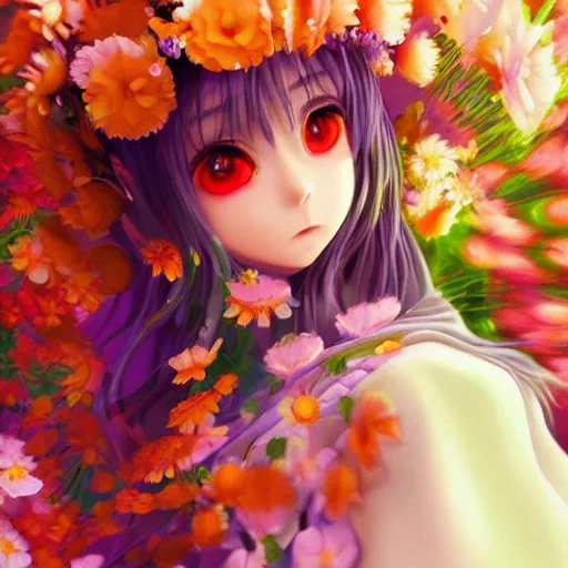 Image similar to Photorealistic beautiful anime princess with flowers. Hyperdetailed photorealism, 108 megapixels, amazing depth, glowing rich colors, powerful imagery, psychedelic Overtones, 3D finalrender, 3d shading, cinematic lighting, artstation concept art