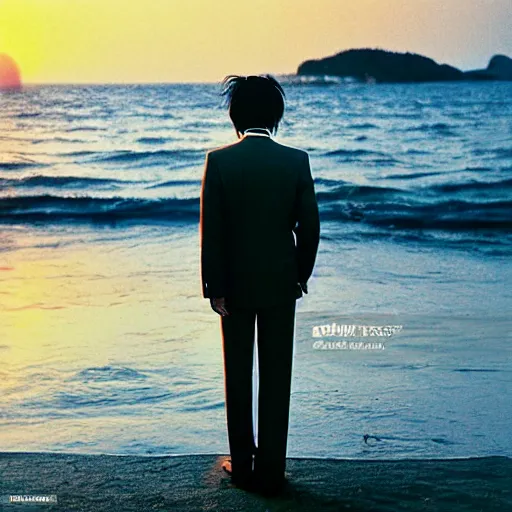 Image similar to japanese man with long hair wearing a beige suit and black pants standing in the ocean, facing the camera, face visible, sunset, night, wide shot, tatsuro yamashita, album cover, 1980s japan, grammy award winning