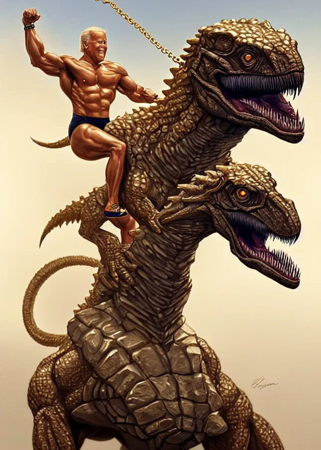 Image similar to super muscular joe biden wearing cycling shorts and gold chains riding on the back of a velociraptor, elegant, real life skin, intricate, high detailed, artstation, concept art, smooth, sharp focus, art by artgerm and greg rutkowski