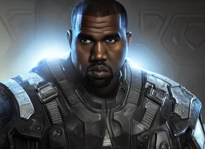 Prompt: kanye as captain america in gears of war, splash art, movie still, cinematic lighting, ray tracing, detailed face, octane render, long lens, shallow depth of field, bokeh, anamorphic lens flare, 8 k, hd, 4 k, hyper detailed, 3 5 mm film grain