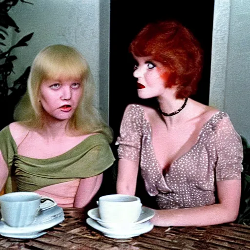 Image similar to 1981 color archival photo of a glamorous woman in a dress, and her friend, Casper the Friendly Ghost, in a sidewalk cafe, 16mm film soft color, earth tones and soft color 1981, live-action archival footage, in style of doris wishman russ meyer, woman looks like young mia farrow