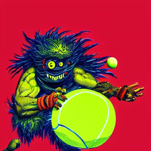 Prompt: a tennis ball monster, tennis court, digital art, fantasy, magic, trending on artstation, ultra detailed, professional illustration by Basil Gogos