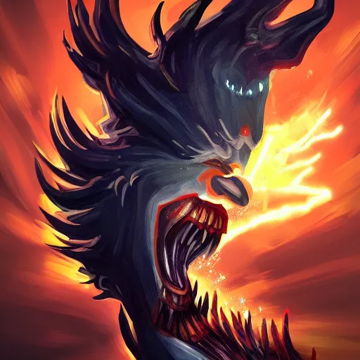 Image similar to Powerful!!!! big headed warrior screaming, lightning, fire, fantasy art, artstation