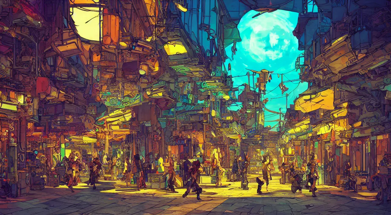 Image similar to bazaar zouk oriantal full color sky shine place mosquet painting stylized digital illustration video game icon global illumination ray tracing that looks like it is from borderlands and by feng zhu and loish and laurie greasley, victo ngai, andreas rocha, john harris