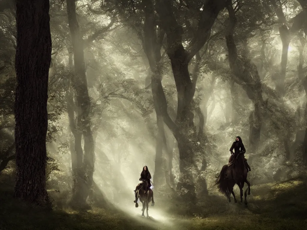 Image similar to a woman riding on a black horse through a oak and beech forrest, rays of light, cinematic, fantasy art, moody morning light, trending on artstation, by peter jackson