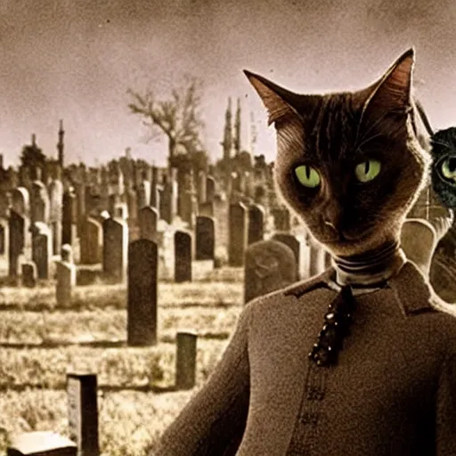 Prompt: A movie still photograph from a Tim Burton movie with a cat and a graveyard looking surreal