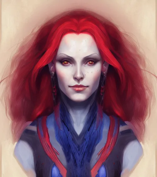 Image similar to A detailed matte oil on canvas head on symmetrical fanart portrait of a distinguished elven woman with red and blue hair by Charlie bowater and lise deharme wlop, trending on artstationhd, dungeons and dragons art critical role