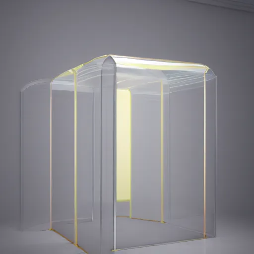 Image similar to an ultra high definition professional studio quality photograph of a transparent iridescent perspex pastel coloured raincoat tent combo on a white coat hook in an empty white room. dramatic lighting, ray tracing, refraction, shallow d. o. f, colour corrected, golden ratio, three point light. volumetric shadows. light rays.