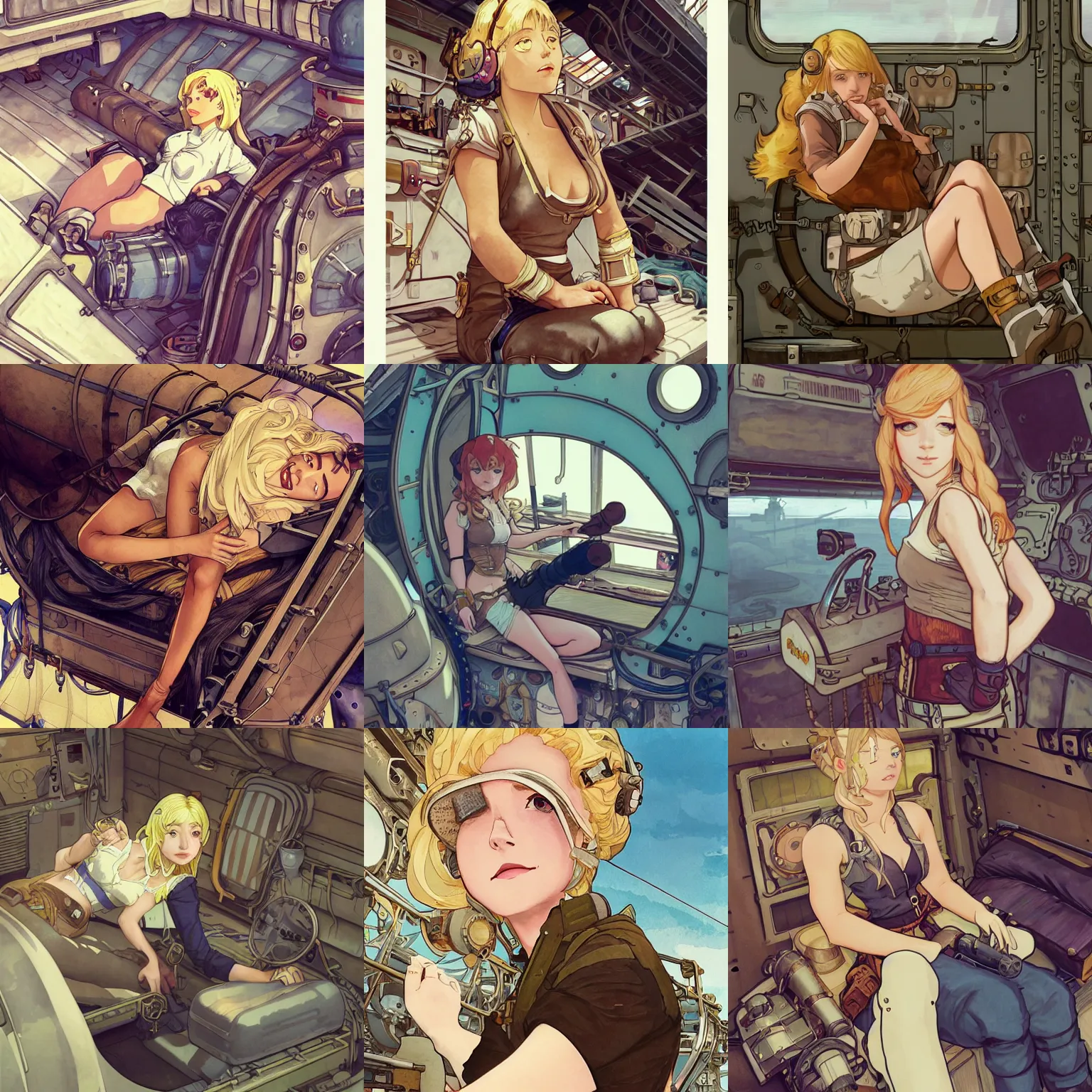 Prompt: Character portrait of a tank top-clad blonde female airship mechanic resting in her cramped bunk, steampunk, highly detailed, artstation, water color, concept art, by Kyoto Animation and Studio Ghibli, by Ilya Kuvshinov and Alphonse Mucha