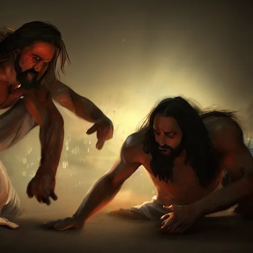 Image similar to Jesus beating up Satan on the floor, dynamic lighting, photorealistic concept art, trending on art station, stunning visuals, creative, cinematic, ultra detailed