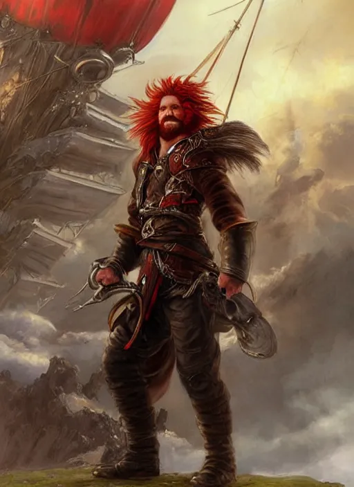 Image similar to epic fantasy portrait painting of a long haired, red headed male sky - pirate in front of an airship in the style of eve ventrue