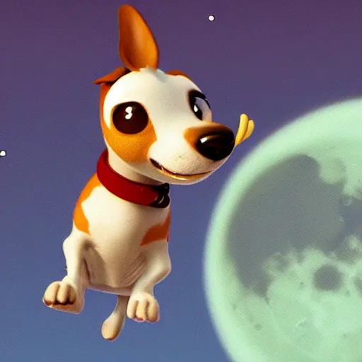 Image similar to cute pixar jack russel terrier, jumping over the smiling moon, concept art, pixar, disney studios, dreamworks animation