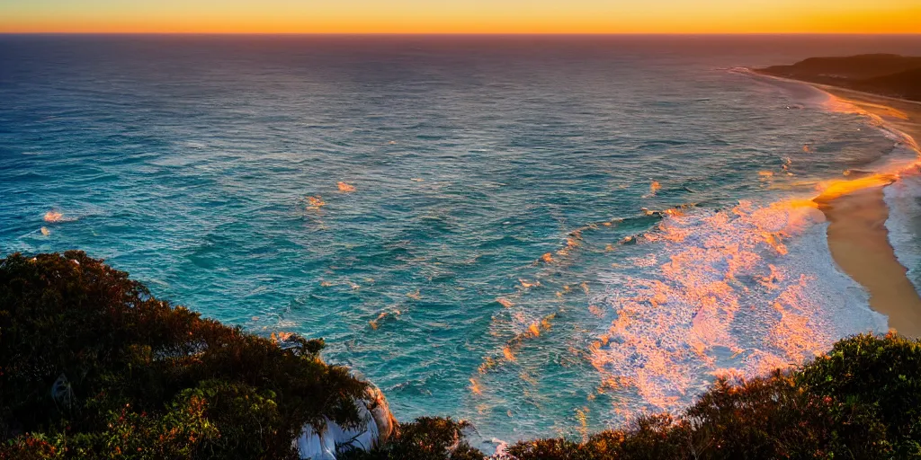 Prompt: sunrise over Byron Bay lighthouse, cinematic lighting, wide angle landscape photography, hyperrealistic, 8k