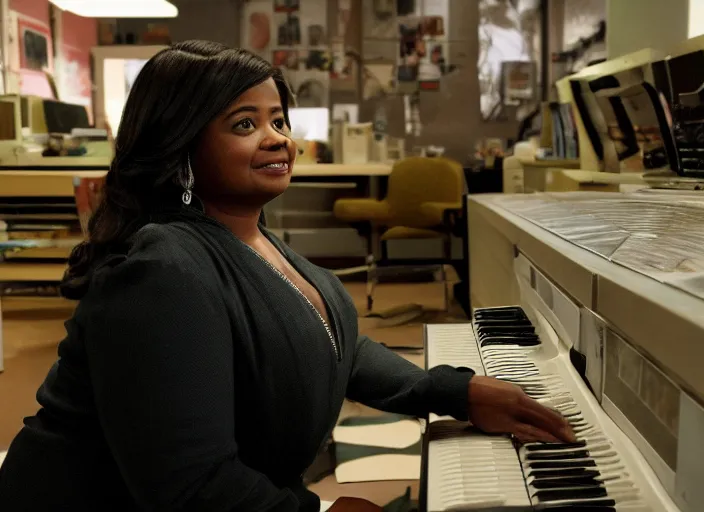 Image similar to cinematic shot of octavia spencer in an small used electronics store hands on an old electronic keyboard, iconic scene from the paranoid thriller sci fi film directed by pt anderson, anamorphic lensesy, beautiful composition, moody cinematography, overhead lighting, color theory, leading lines, photorealistic, volumetric lighting, hyper detailed 4 k image,