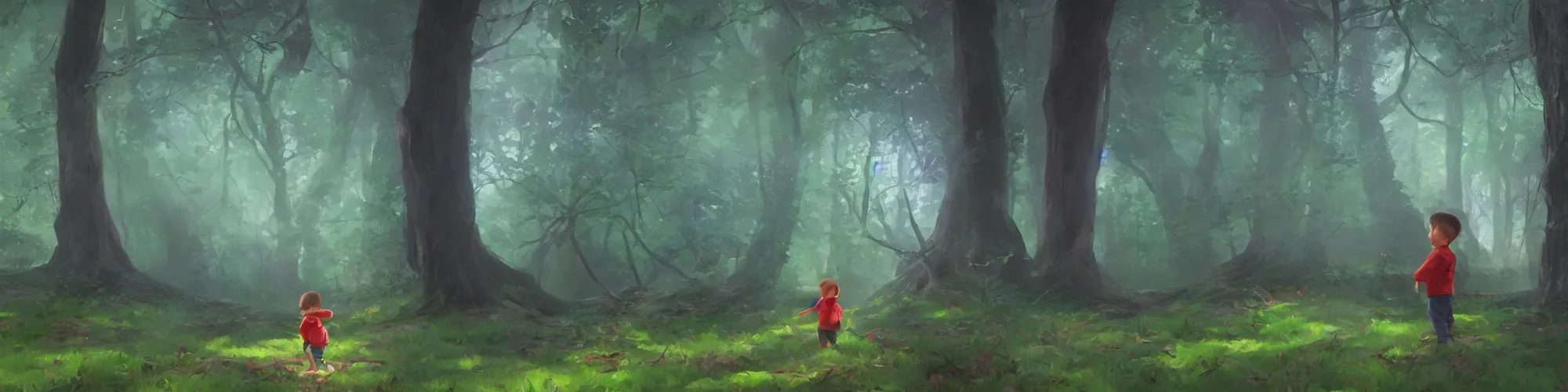 Prompt: a little boy lost in the magic woods, in the style of yanjun cheng, in the style of james gurney, 4 k, iridescent, wide angle, cinematic, atmospheric, anamorphic, film stock, unreal engine