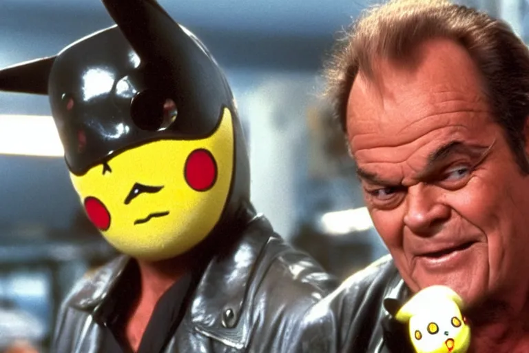 Prompt: Jack Nicholson plays Pikachu Terminator, scene where he rides motorbike