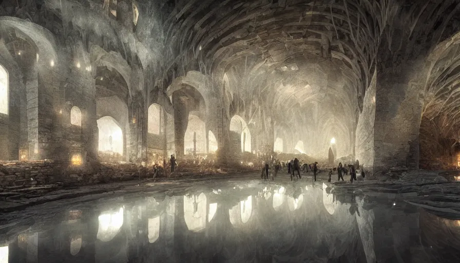 Image similar to medieval salt mine interior, light, shadows, reflections, epic composition, intricate, elegant, volumetric lighting, digital painting, highly detailed, artstation, sharp focus, illustration, concept art, ruan jia, steve mccurry