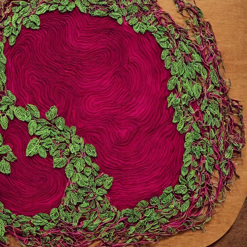 Prompt: embroidered giant cut beetroot, creating large spiral with embroidered leaves and fractal roots, over vivid wood table, food photography.. super detailed. masterpiece