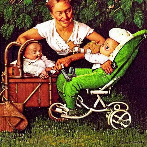 Image similar to pepe the frog with baby carriage by norman rockwell