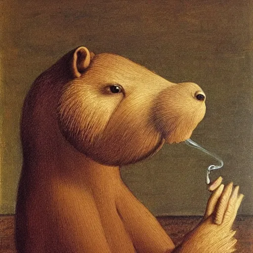 Image similar to capybara smoking a cigar, oil painting by leonardo da vinci