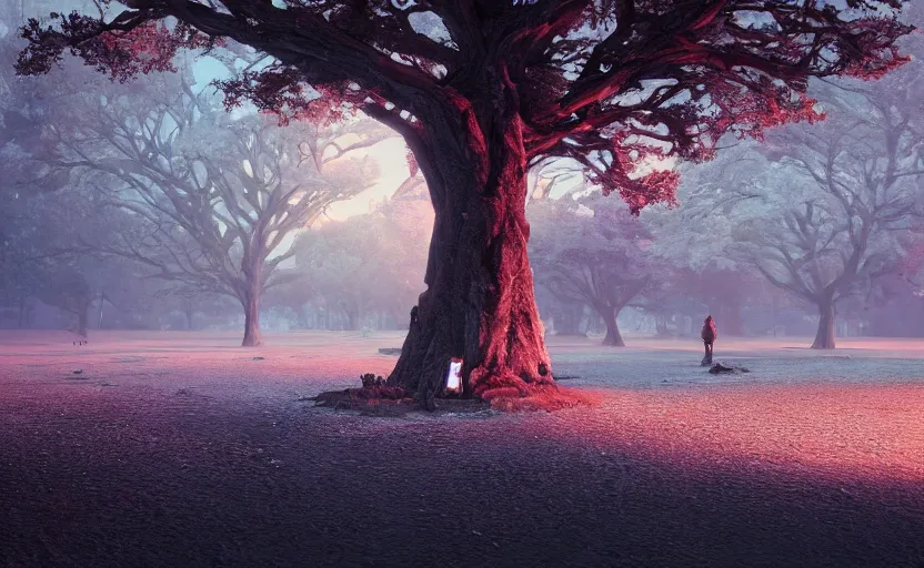 Prompt: A landscape with a giant oak tree in the winter morning, Low level, rendered by Beeple, Makoto Shinkai, syd meade, simon stålenhag, environment concept, synthwave style, digital art, unreal engine, WLOP, trending on artstation, 4K UHD image, octane render,