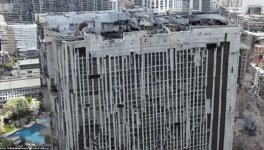 Image similar to the internal structure of modern american apartments is four stories high and there is a huge water storage tank on the roof