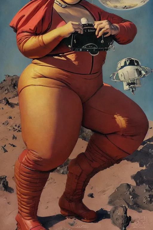 Image similar to 5 0 s pulp scifi fantasy illustration full body portrait cheerful obese woman in leather spacesuit on mars, by norman rockwell, roberto ferri, daniel gerhartz, edd cartier, jack kirby, howard v brown, ruan jia, tom lovell, frank r paul, jacob collins, dean cornwell, astounding stories, amazing, fantasy, other worlds