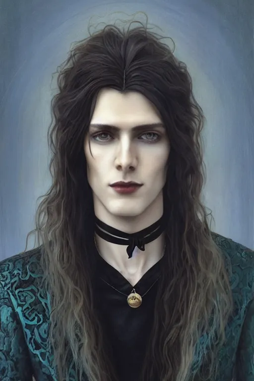 Prompt: a beautiful androgynous man, long hair, tall and thin, soft features, sly, dressed in velvet, rock star, wearing several pendants and a choker, illustration, dramatic lighting, soft details, painting oil on canvas, art nouveau, octane render, hdr, 4 k, 8 k, hd, by edmund blair leighton, brom, charlie bowater, faces by otto schmidt
