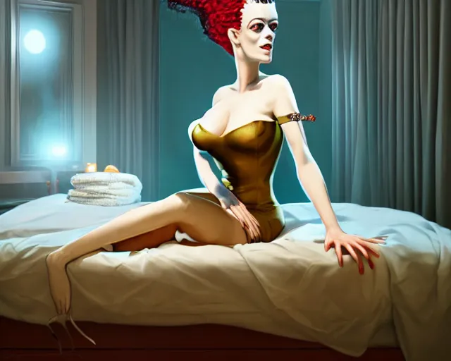 Prompt: phtorealistic modern pin up of the bride of frankenstein posing in a bed in the room of a sanatarium, full body, campy color scheme, realistic, center, smooth, detailed, 8 k, artstation, octane render, ambient lighting, daniela uhlig