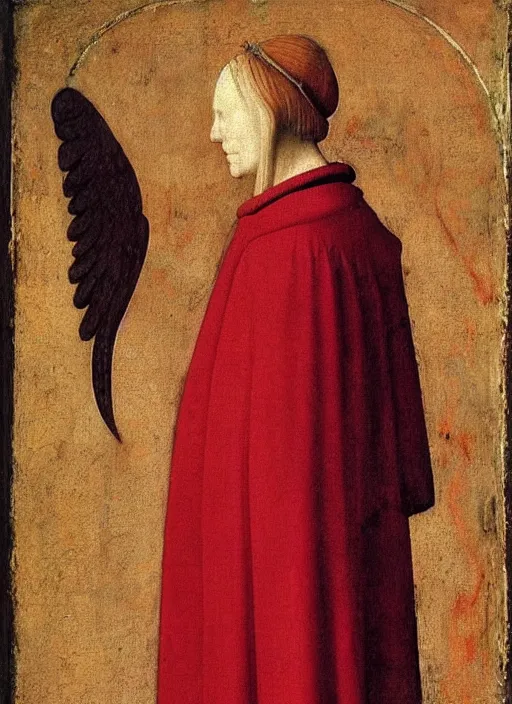 Image similar to Profile of Fallen Angel dressed in red, Medieval painting by Jan van Eyck, Johannes Vermeer, Florence