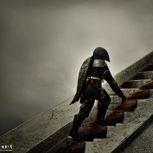 Prompt: a lone knight climbing a staircase to the final enemy, cinematic, 8 k resolution, tense, dark, cloudy, intense, complex, high detail