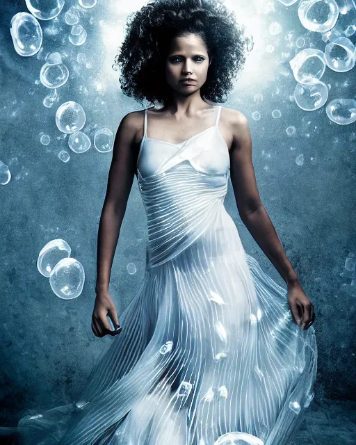 Image similar to annie leibovitz style photoshoot editorial of gugu mbatha - raw as sue storm, the invisible woman from the fantastic four, she is wearing a beautiful iridescent shimmering, glowing jellyfish like wedding dress made from her force field powers, hyperreal, magical, translucent, iridescent, studio lighting, soft focus, bokeh, 5 0 mm