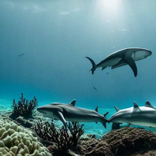 Image similar to hyperrealistic underwater photography, panoramic picture of an ocean floor with in the distance are some hammerhead sharks. focus on the sharks. the sharks are anatomically correct and highly detailed. lots of bubbles. seaweed and some rocks. gloomy scattered light entering from the water surface, trending on artstation, hq, 8 k