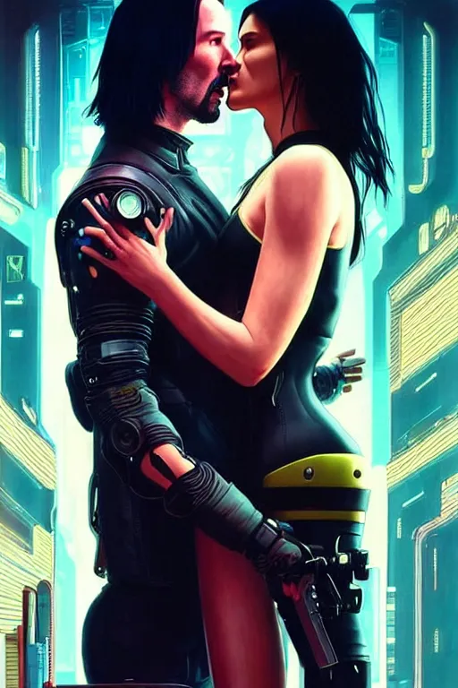 Prompt: a cyberpunk 2077 couple portrait of Keanu Reeves & female android final kiss in the night city,love,art by John Collier and Albert Aublet and Krenz Cushart and Artem Demura and Alphonse Mucha,John Wick,Replicas,artstation,deviantart,FAN ART,Digital painting,face enhance,highly detailed,8K,octane,golden ratio,cinematic lighting