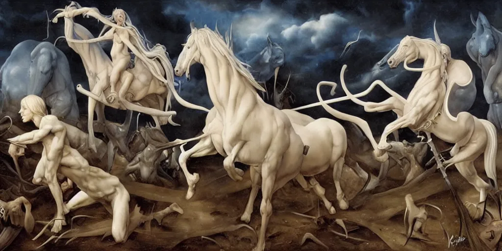 Image similar to albino centaurs wars, hyper realistic,, glossy by gerald brom and hieronymus bosch