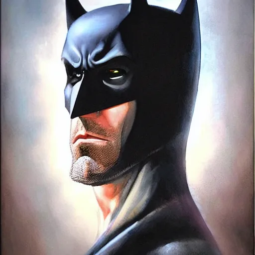 Image similar to An ultra-realistic portrait painting of Ben Affleck's Batman in the style of Frank Frazetta. 4K. Ultra-realistic. Highly detailed. Dark fantasy. Epic lighting.