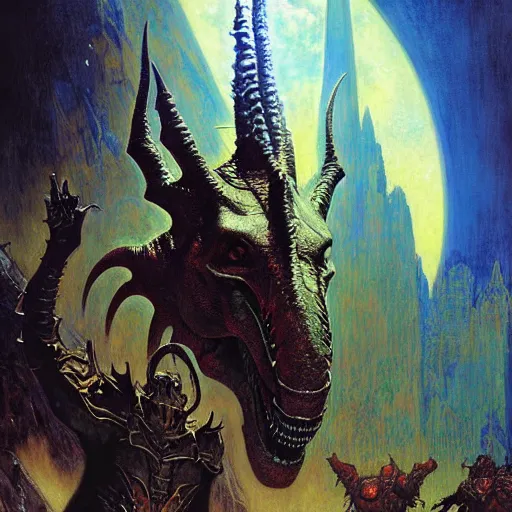 Image similar to portrait of sauron the dinosaur mutant from xmen. shadowrun furaffiniy cyberpunk fantasy highly detailed painting by gaston bussiere craig mullins jc leyendecker gustav klimt artgerm greg rutkowski john berkey, bergey, craig mullins, ruan jia, raymond swanland, jeremy mann, tom lovell, alex malveda