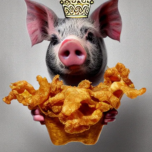 Image similar to pig wearing a gold crown swimming in bag of pork rinds