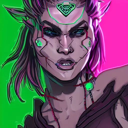 Image similar to cyberpunk woman oni, high camera angle, in the graphic style of Matt Sanz and DC Comics, hyper detailed, trending on artstation, green glow