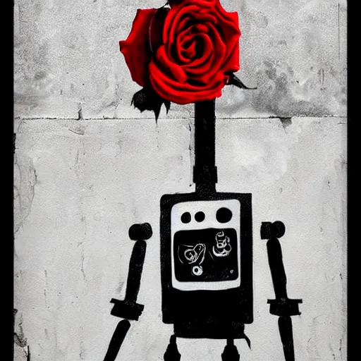 Prompt: a robot holding a rose in the style of Banksy, graffiti, digital art