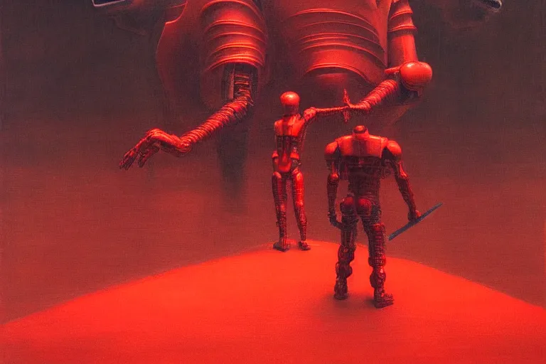 Image similar to only with red, a red cyborg samurai, tokio futuristic in background, some evil yokai fight, in the style of beksinski, parts by edward hopper, parts by rodcenko, parts by yue minjun, intricate and epic composition, red by caravaggio, insanely quality, highly detailed, masterpiece, red light, artstation, 4 k