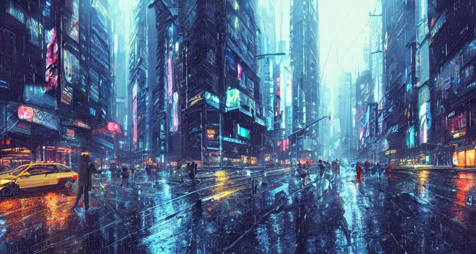 Prompt: crowded rainy cyberpunk city, street scene, street level, hyperdetailed, artstation, cgsociety, 8k