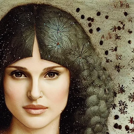 Image similar to natalie portman with indigo hair planting seeds in a winter wonderland, painting by leonardo da vinci