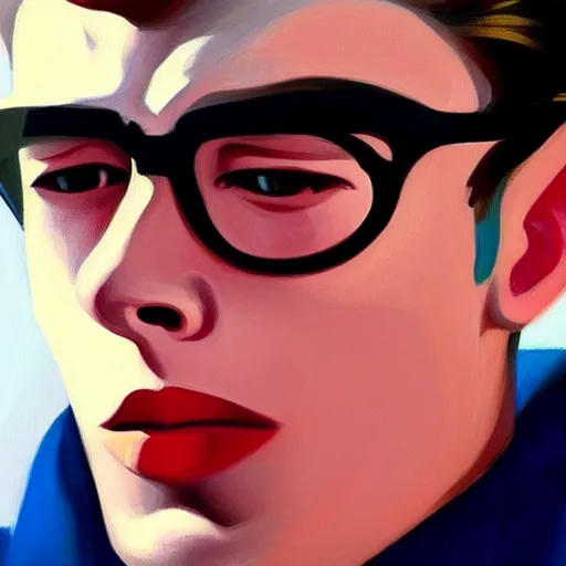 Prompt: A beautiful close-up of a man who looks like James Dean, dressed like in the 1940s, digital art by Edward Hopper, vibrant color scheme, highly detailed, in the style of romanticism, fine Art, high detail, great lighting, 8k resolution, masterpiece, concept art, illustration, clear eyes, soft lighting, soft details, painting oil on canvas, octane render, HDR, trending on artstation, 4k, 8k, HD