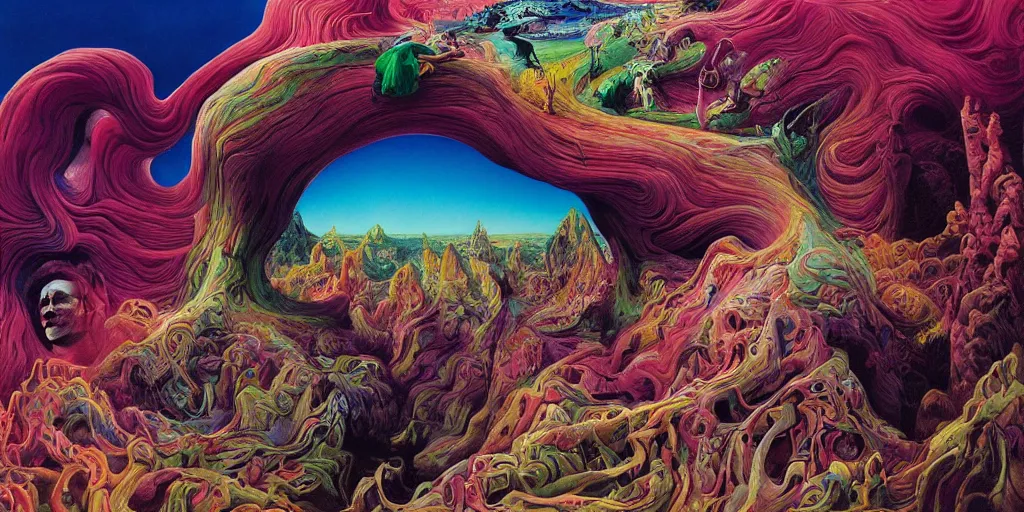 Image similar to ultrawide angle colour masterpiece surreal closeup portrait photography of surrealism by annie leibovitz and michael cheval, god mountain hybrid laying down, incredible sense of depth and perspective and clarity, weird surreal epic psychedelic complex biomorphic 3 d fractal landscape in background by kilian eng and roger dean and giger and salvador dali and beksinski, 8 k