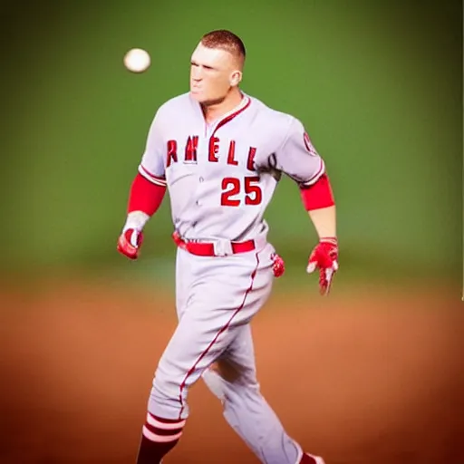 Prompt: “a realistic detailed photo of a guy who is named Mike Trout a baseball player, frozen like a statue”