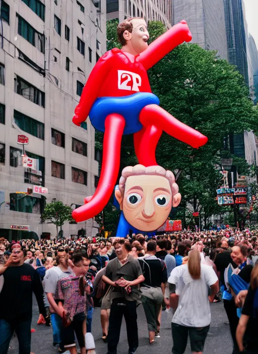 Image similar to inflatable balloon of mark zuckerberg, macy ’ s parade, canon 5 d, 5 0 mm lens, fuji 8 0 0 film