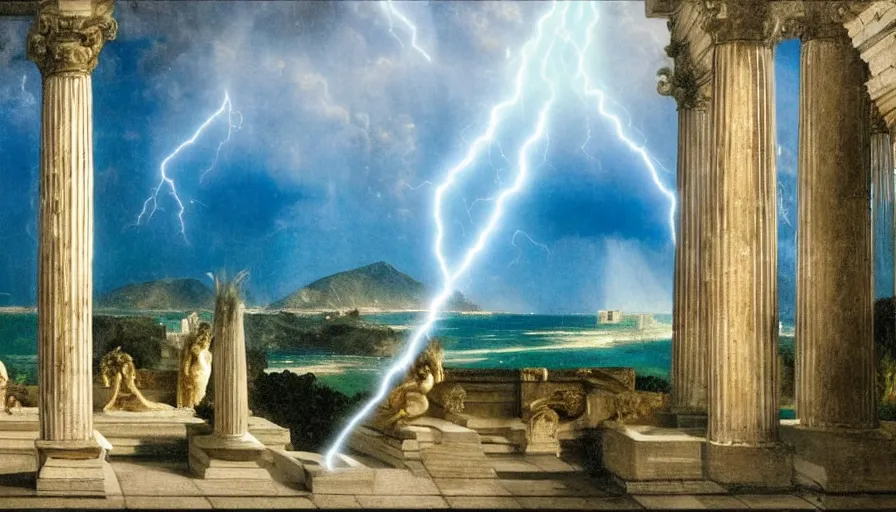 Image similar to Palace of the occult, mediterranean balustrade and columns, refracted sparkles, thunderstorm, greek pool, beach and Tropical vegetation on the background major arcana sky and occult symbols, by paul delaroche, hyperrealistic 4k uhd, award-winning, very detailed paradise