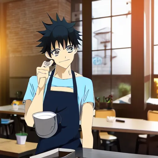 Image similar to a tall anime boy with black hair, blue eyes and piercings working at a café smiling in anime style with sunlight shining through the windows as he's cleaning dishes, very detailed, detailed face, 4k