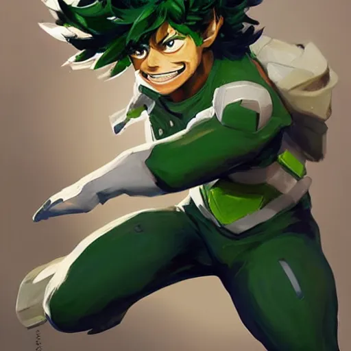 Image similar to greg manchess portrait painting of izuku midoriya as overwatch character, medium shot, asymmetrical, profile picture, organic painting, sunny day, matte painting, bold shapes, hard edges, street art, trending on artstation, by huang guangjian and gil elvgren and sachin teng